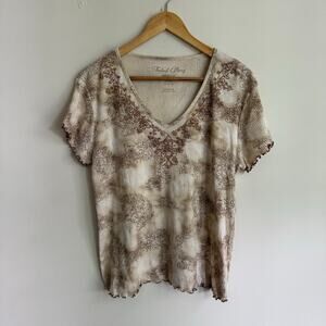 Y2K Vintage Faded Glory Beige and Brown Beaded Paisley V-Neck Top Size L